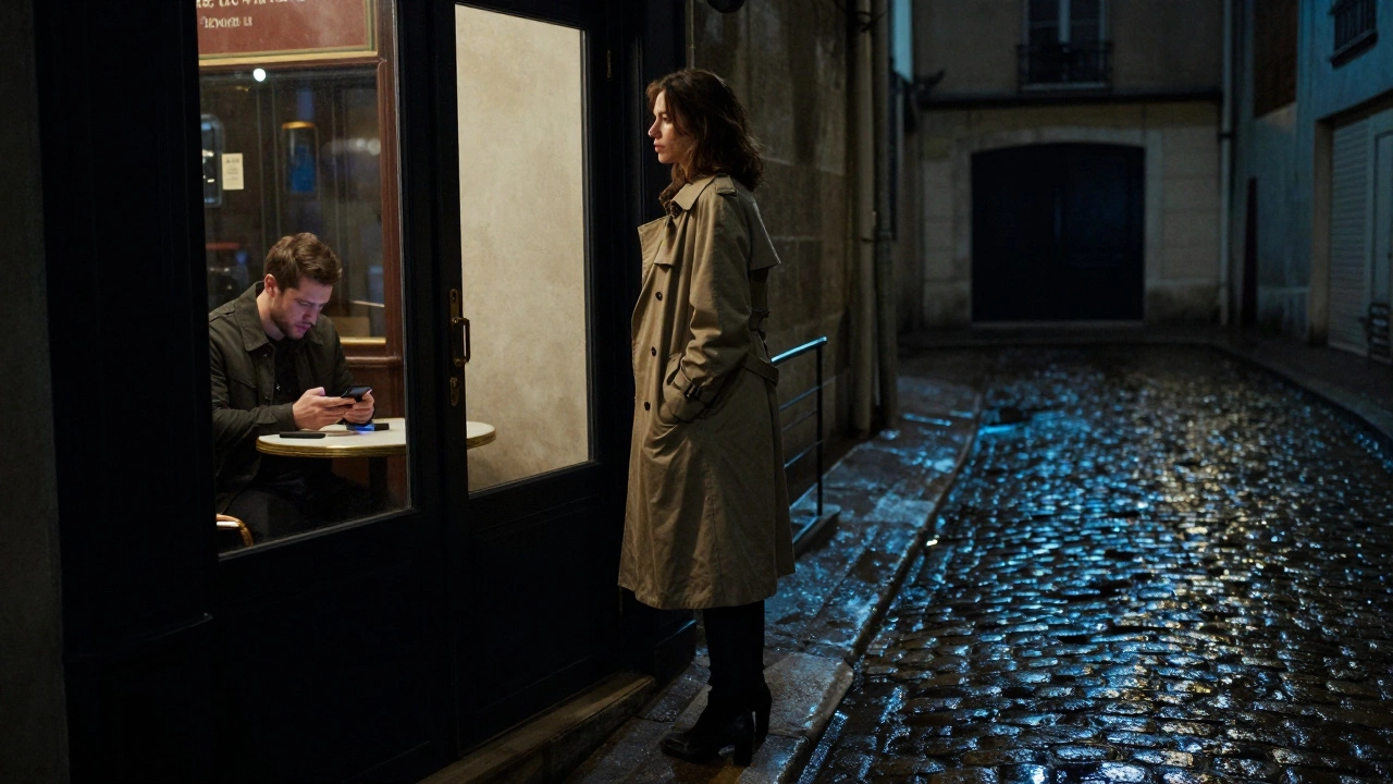 A woman hesitates outside a Montmartre café at night, glancing back as a man waits inside.
