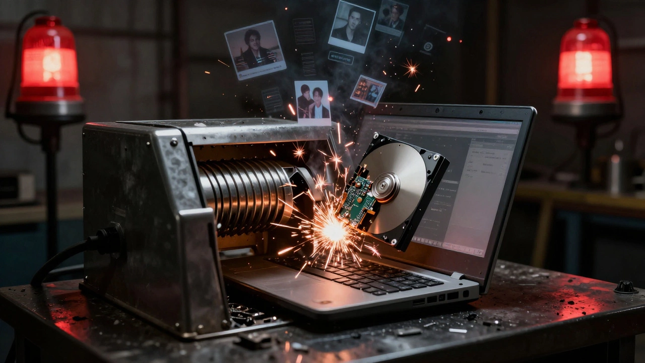 Old laptop being shredded, sparks flying as data ghosts dissolve in air.