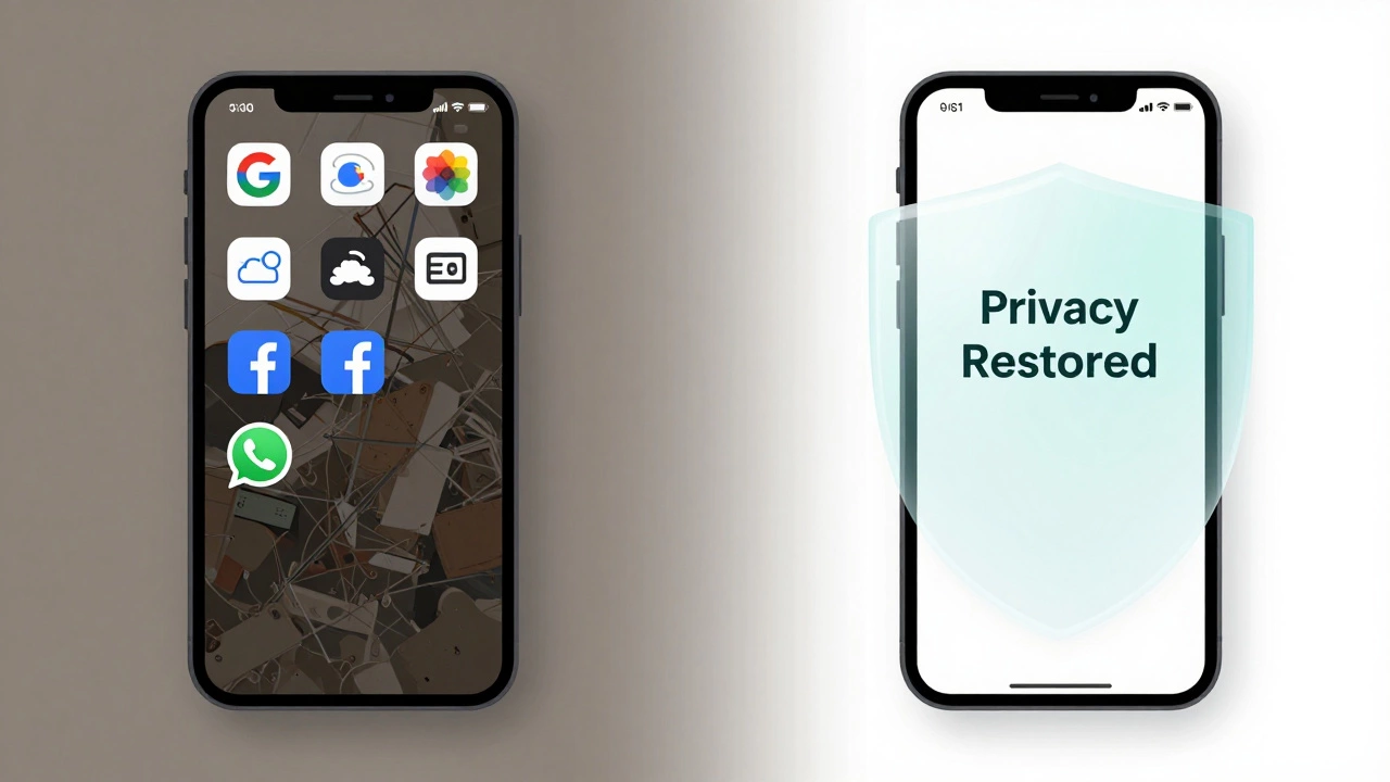 Smartphone split between cluttered apps and clean screen with privacy shield.